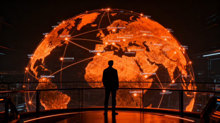 Founder de startups analizando un mapa global de eventos tecnológicos y conferencias tech para 2026.