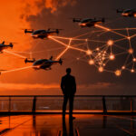 Consolidación del mercado eVTOL y taxis aéreos, emprendedores analizando el futuro de la movilidad eléctrica y fusiones.
