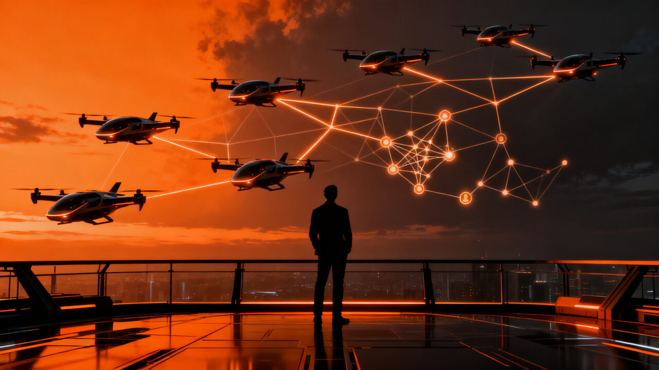 Consolidación del mercado eVTOL y taxis aéreos, emprendedores analizando el futuro de la movilidad eléctrica y fusiones.