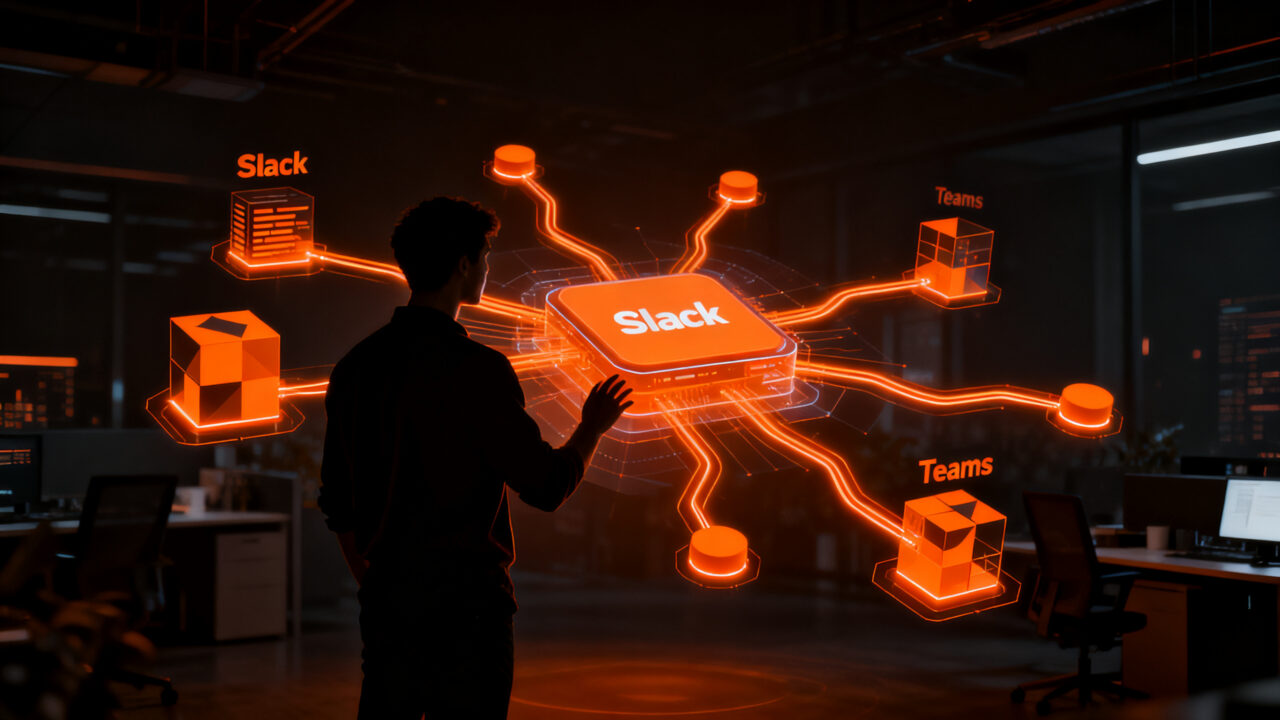 Desarrollador integrando agentes de IA en plataformas corporativas como Slack y Teams usando CopilotKit SDK.