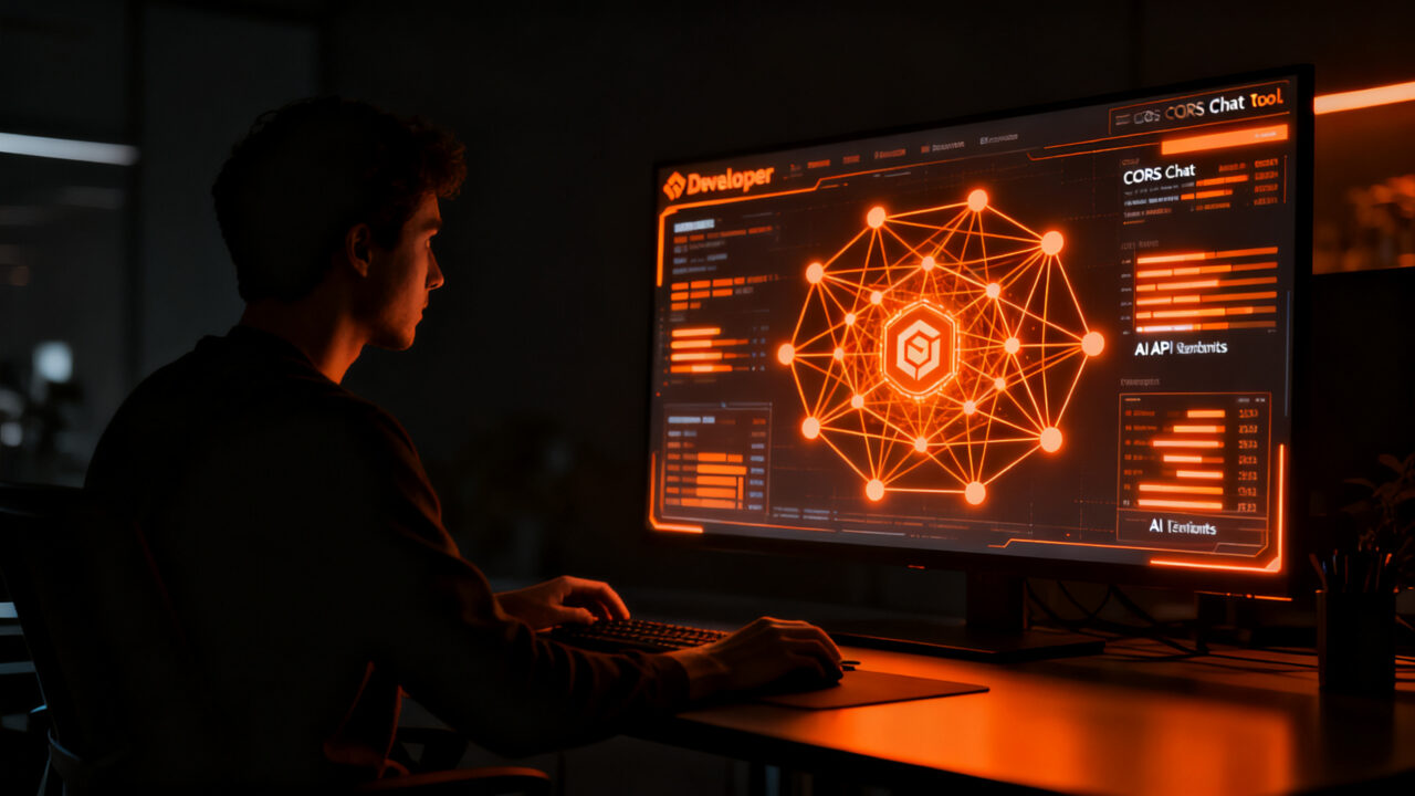 Desarrollador probando endpoints de inteligencia artificial con la herramienta CORS Chat para startups.