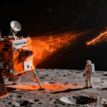 Microsatélite CosmoCube explorando el universo primitivo desde el lado oscuro de la Luna, representando el crecimiento del mercado de satélites pequeños.
