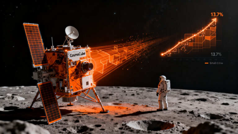 Microsatélite CosmoCube explorando el universo primitivo desde el lado oscuro de la Luna, representando el crecimiento del mercado de satélites pequeños.