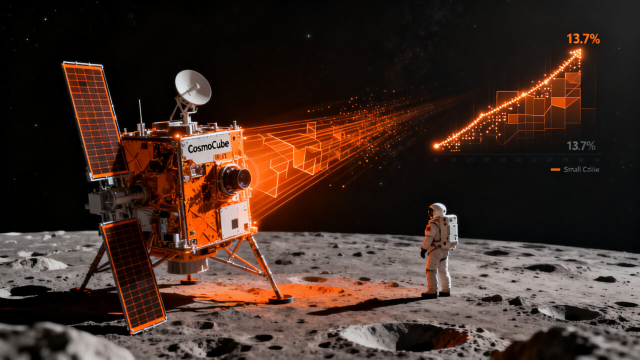 Microsatélite CosmoCube explorando el universo primitivo desde el lado oscuro de la Luna, representando el crecimiento del mercado de satélites pequeños.