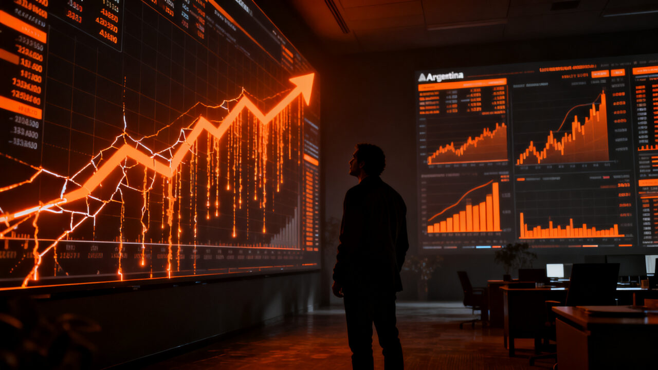 Crisis crediticia en Argentina: una figura solitaria frente a datos financieros complejos que representan la alta mora y la caída del consumo.