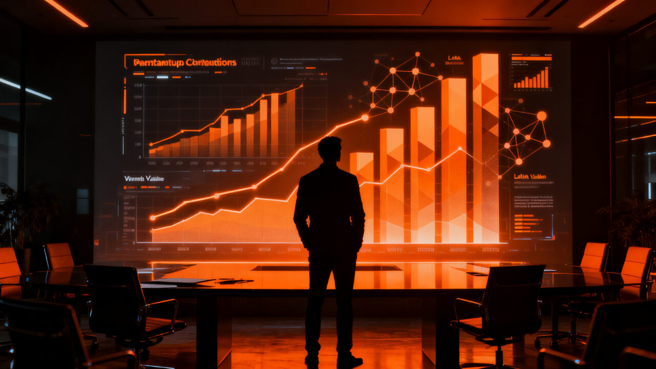 Aswath Damodaran analizando la valoración de una startup en un ecosistema emprendedor tecnológico, representando el futuro del capital de riesgo.