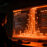 Ingeniero analizando datos técnicos en un entorno oscuro y profesional, representando la curaduría de conocimiento en la cultura developer de Hacker News.