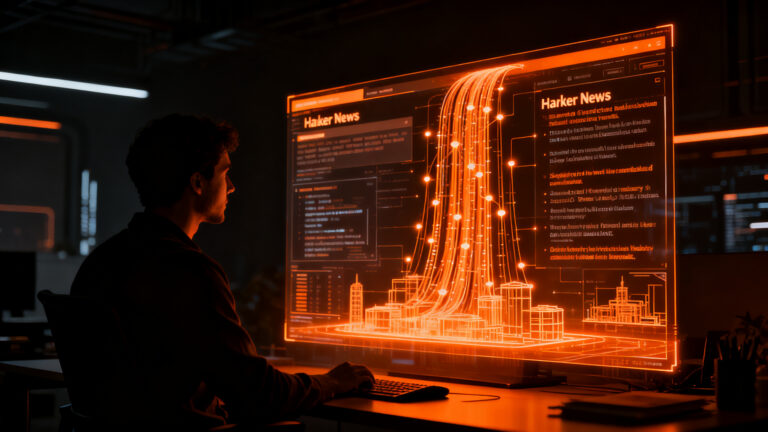 Ingeniero analizando datos técnicos en un entorno oscuro y profesional, representando la curaduría de conocimiento en la cultura developer de Hacker News.