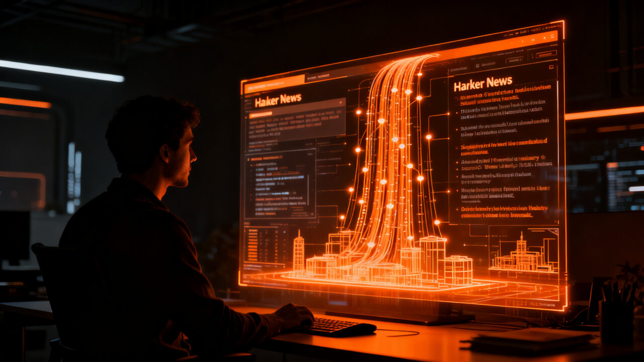 Ingeniero analizando datos técnicos en un entorno oscuro y profesional, representando la curaduría de conocimiento en la cultura developer de Hacker News.