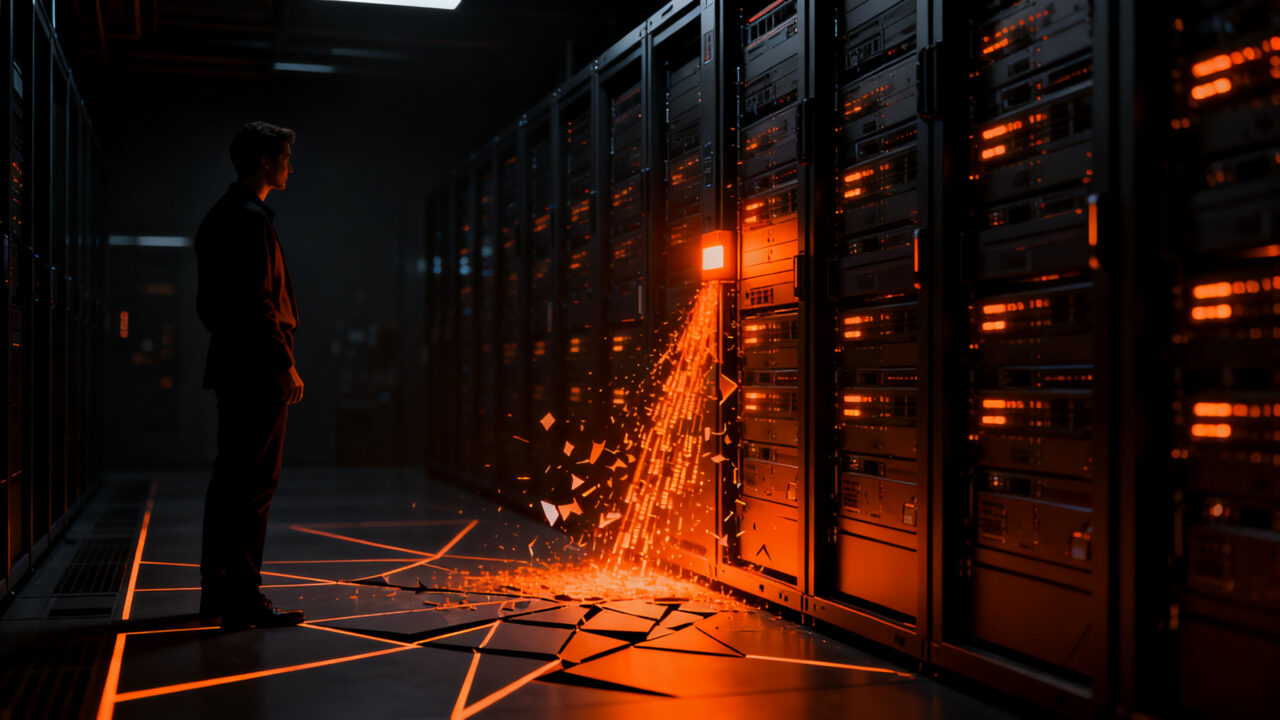 Infraestructura tecnológica crítica fallando, representando un outage de servidor y la importancia de la monitorización en startups.