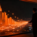 Ejecutivo financiero analizando datos de IA en un entorno digital, representando la ronda de inversión millonaria de Decade Wealth Management.