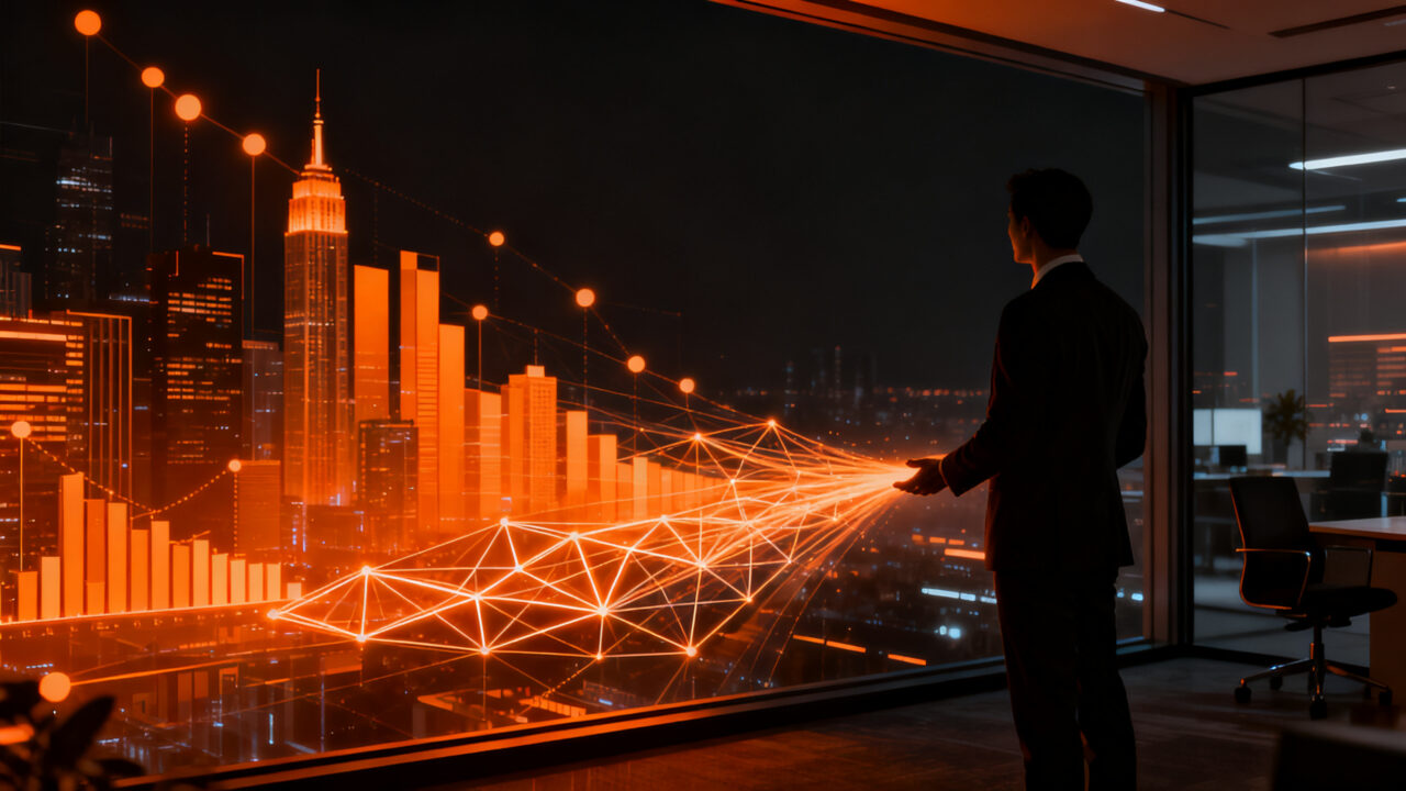 Ejecutivo financiero analizando datos de IA en un entorno digital, representando la ronda de inversión millonaria de Decade Wealth Management.