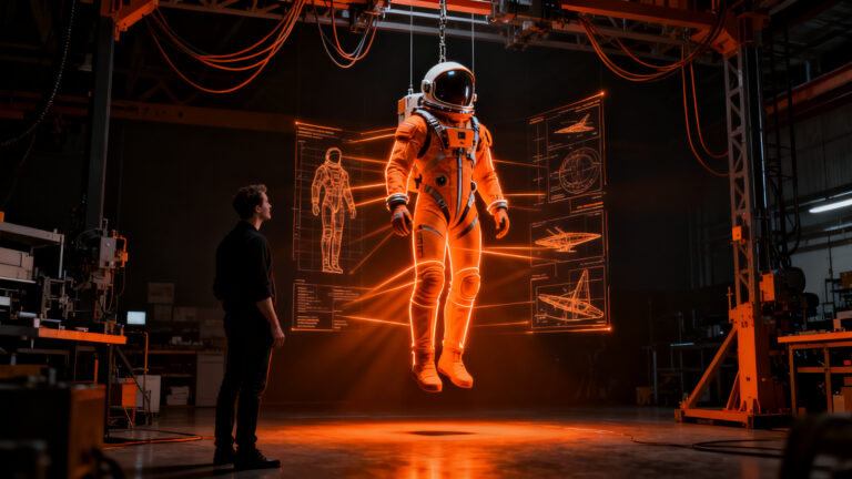 Innovación en transferencia tecnológica: emprendedor analizando un traje espacial futurista en un entorno industrial.