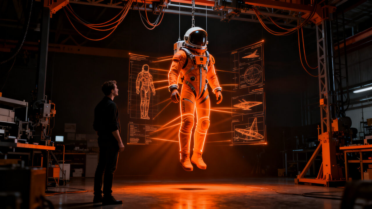 Innovación en transferencia tecnológica: emprendedor analizando un traje espacial futurista en un entorno industrial.