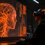 Investigador analizando señales cerebrales mediante interfaz cerebro-computadora BCI para decodificar lectura silenciosa.