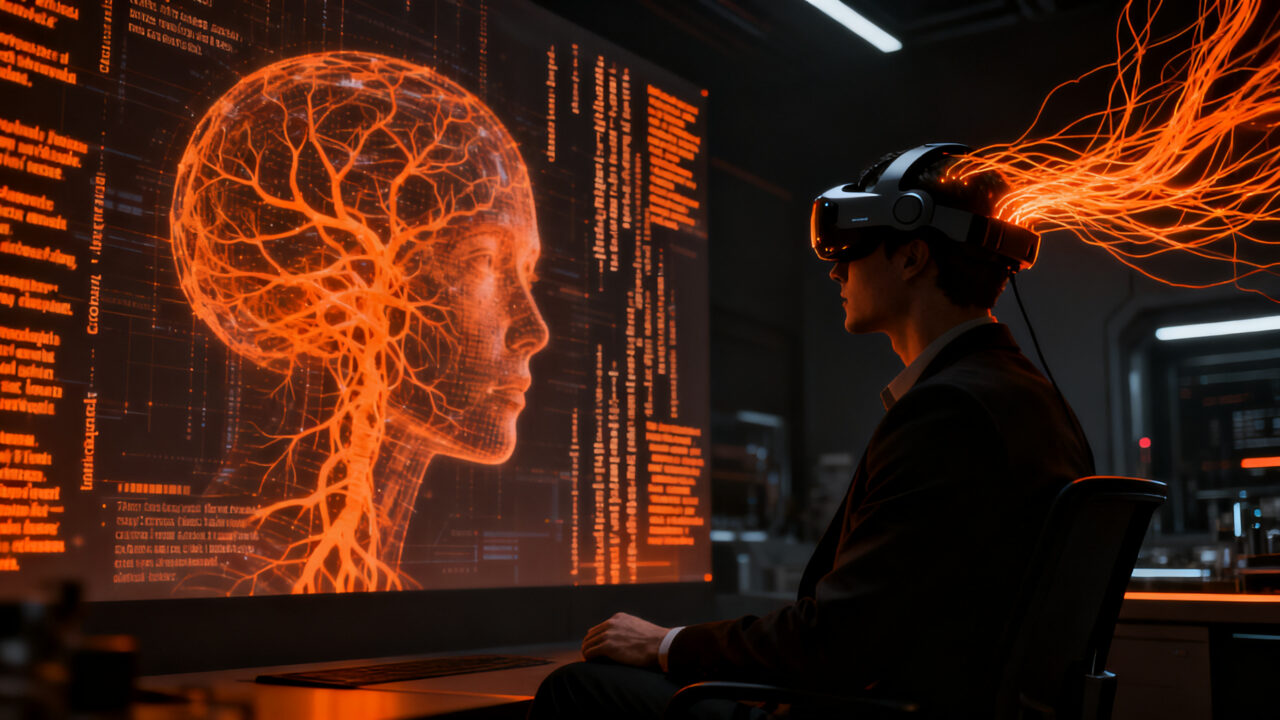 Investigador analizando señales cerebrales mediante interfaz cerebro-computadora BCI para decodificar lectura silenciosa.