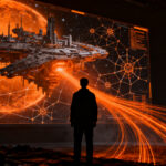 Investigador de IA analizando el universo de EVE Online, simbolizando el entrenamiento de modelos de inteligencia artificial como SIMA de DeepMind.