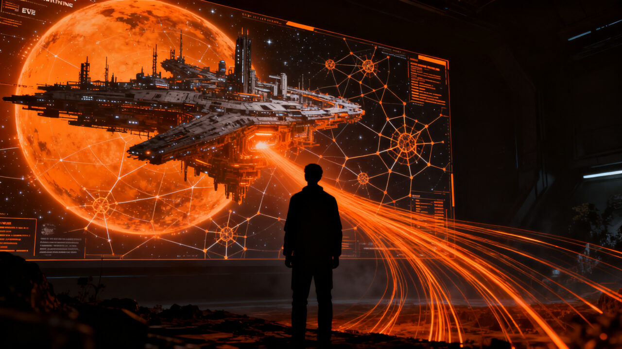 Investigador de IA analizando el universo de EVE Online, simbolizando el entrenamiento de modelos de inteligencia artificial como SIMA de DeepMind.