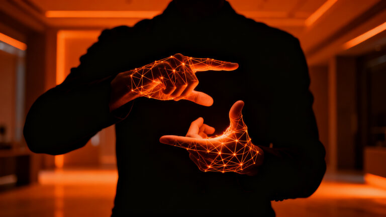 Modelo de IA SL2T de DeepMind traduciendo lenguaje de señas en tiempo real, representando tecnología inclusiva y accesibilidad.