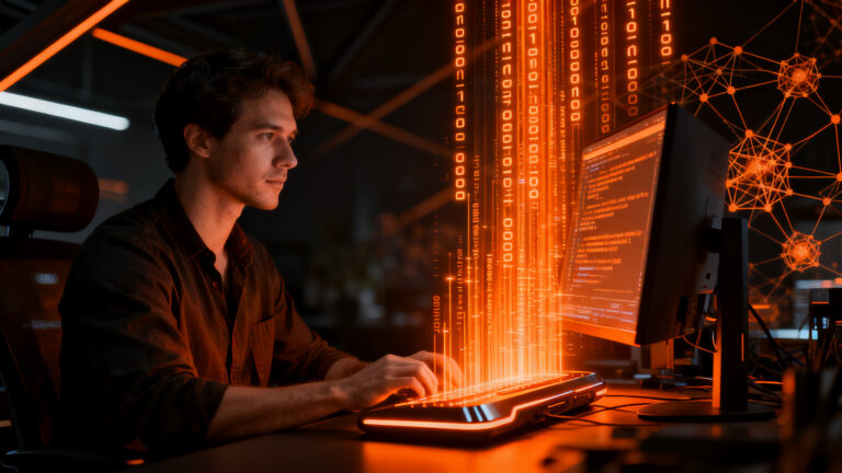 Desarrolladores trabajando en agentes de IA para competir en el mercado tecnológico global, representando la innovación en programación y automatización.