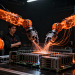 Cobot de doble brazo con IA de Delta Electronics ensamblando componentes en un entorno de fabricación inteligente.