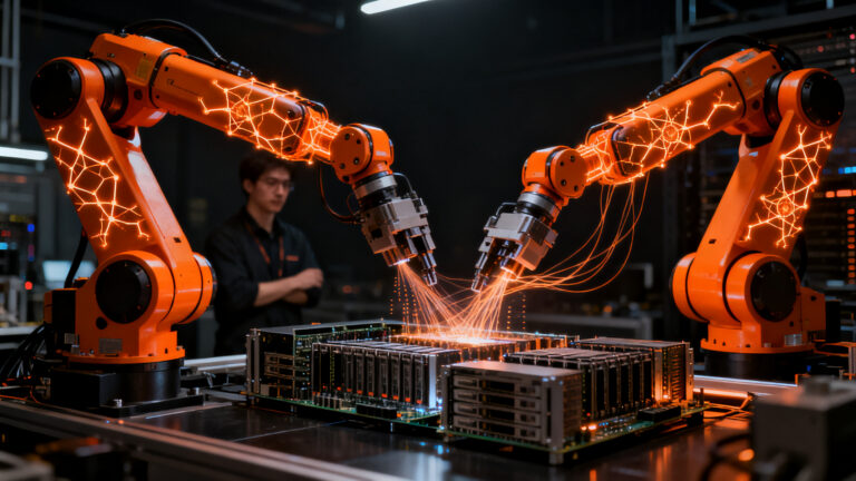 Cobot de doble brazo con IA de Delta Electronics ensamblando componentes en un entorno de fabricación inteligente.