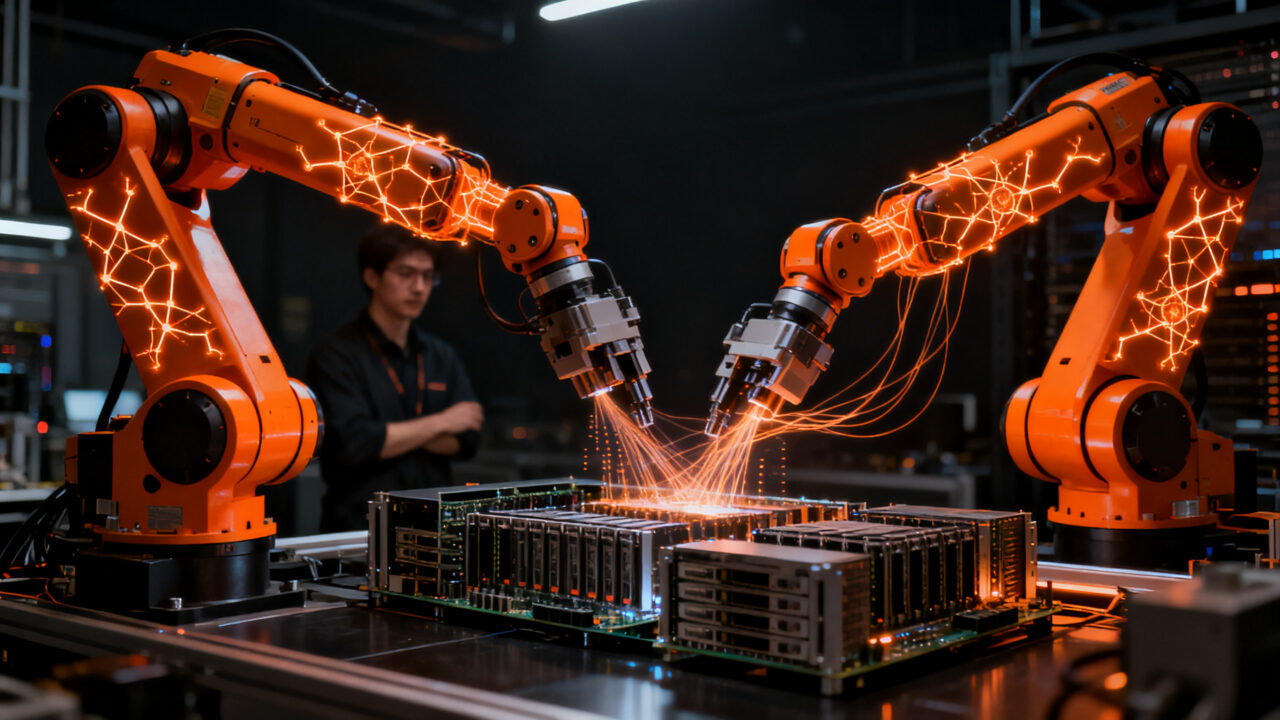 Cobot de doble brazo con IA de Delta Electronics ensamblando componentes en un entorno de fabricación inteligente.