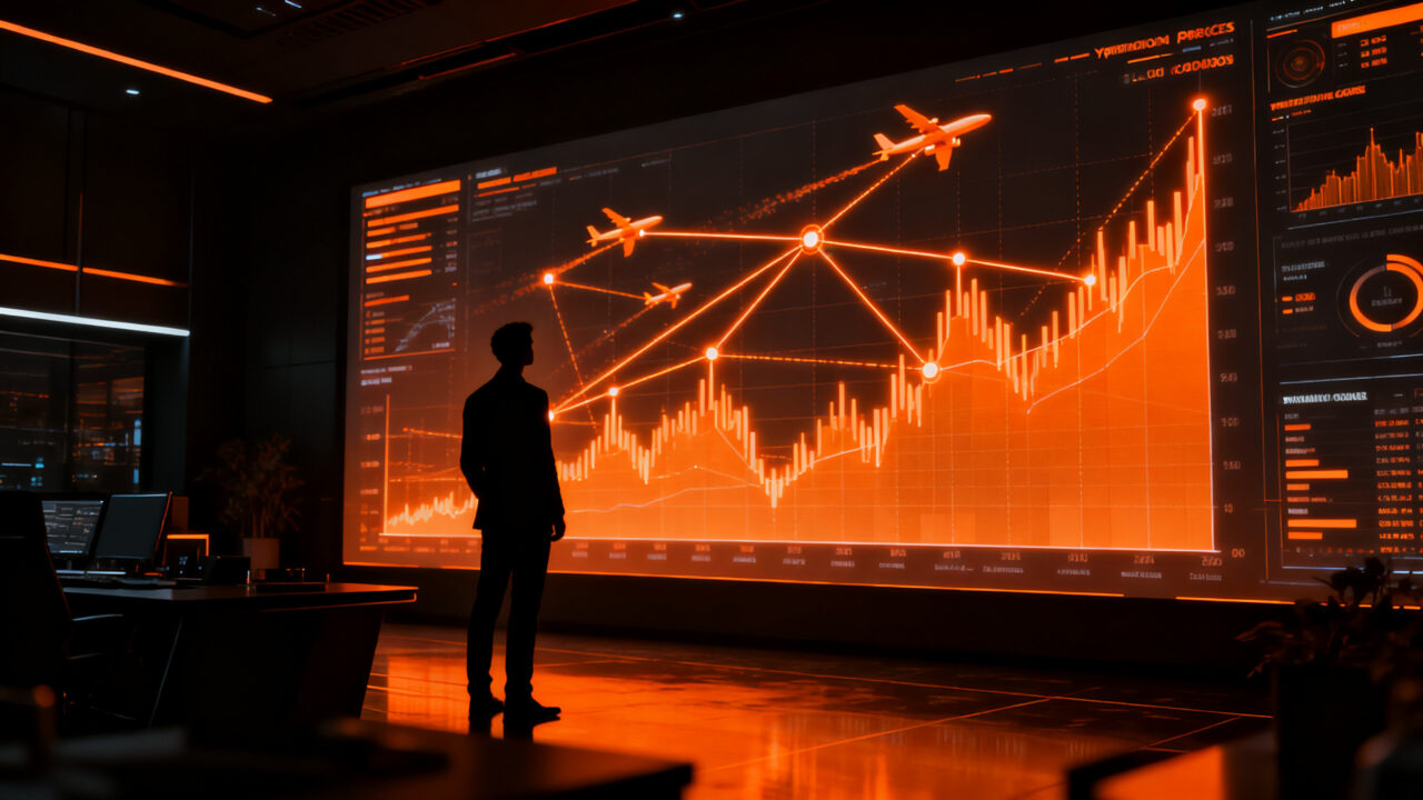 CEO analizando métricas de IA para optimización de precios y márgenes operativos en el sector aéreo.