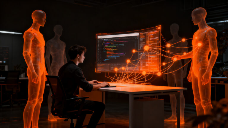 Desarrollador de software colaborando con agentes de inteligencia artificial en el entorno Delta de Zed, optimizando el desarrollo multijugador.