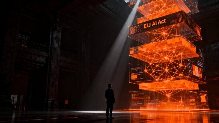 Directivo analizando regulaciones de IA y transparencia tecnológica en el marco del EU AI Act para startups.