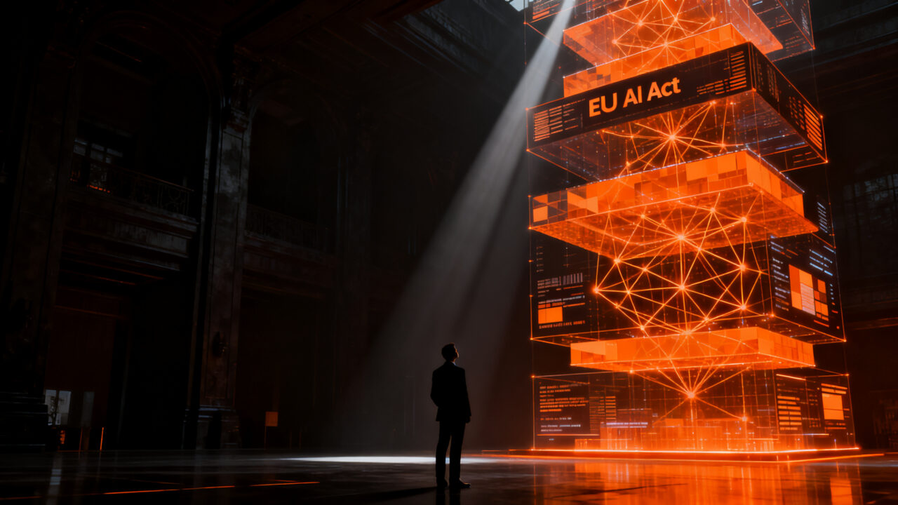 Directivo analizando regulaciones de IA y transparencia tecnológica en el marco del EU AI Act para startups.