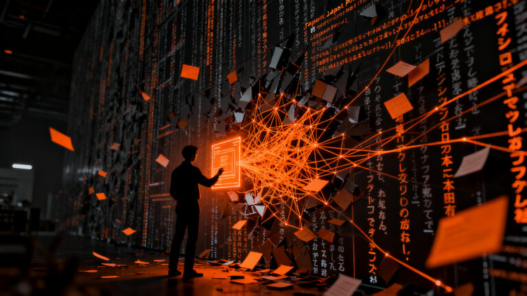 Ingeniero de software analizando datos complejos de archivos CSV japoneses en un entorno digital oscuro.