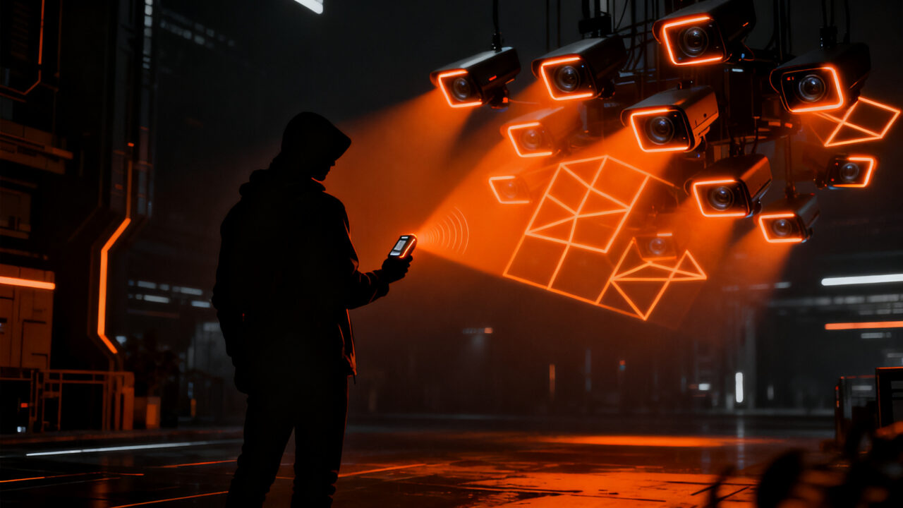 Dispositivo Spectre I de Deveillance para bloquear grabaciones de wearables de IA, representando la nueva era de la privacidad y contravigilancia tech.