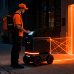 Robot de entrega autónoma Dot colaborando con un repartidor humano en un entorno urbano, representando el futuro de la logística de última milla.