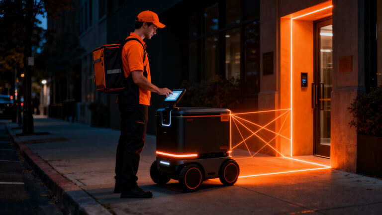 Robot de entrega autónoma Dot colaborando con un repartidor humano en un entorno urbano, representando el futuro de la logística de última milla.