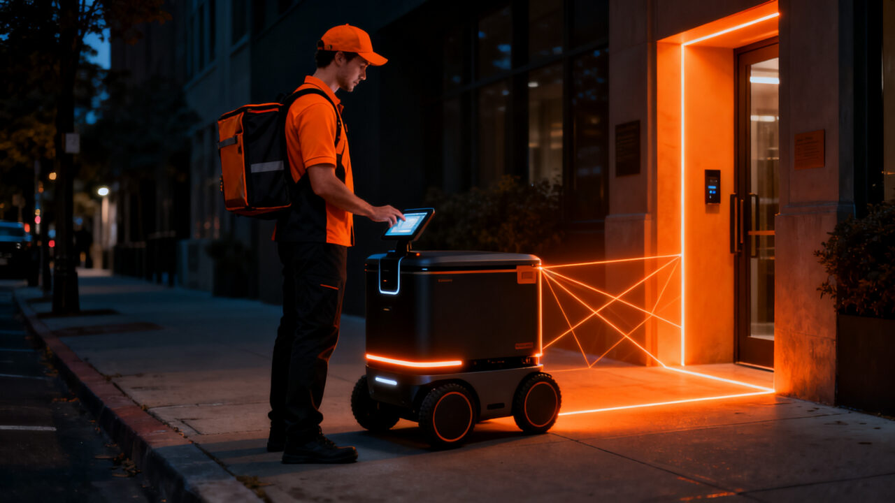 Robot de entrega autónoma Dot colaborando con un repartidor humano en un entorno urbano, representando el futuro de la logística de última milla.