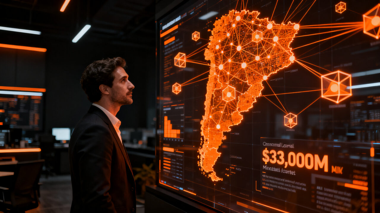 Líder de negocios analizando proyecciones de crecimiento en un mercado de eCommerce en Argentina, representando la transformación digital y retail.