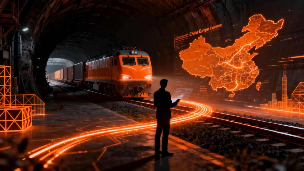 Tren de carga de alta velocidad conectando China y Europa, simbolizando eficiencia logística y reducción de tiempos en cadena de suministro.