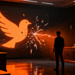 Conflicto legal entre Elon Musk y la startup Operation Bluebird por la marca Twitter, representando la batalla por la propiedad intelectual.