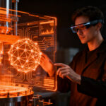 Especialista técnico utilizando realidad aumentada para la digitalización industrial en el sector farmacéutico.
