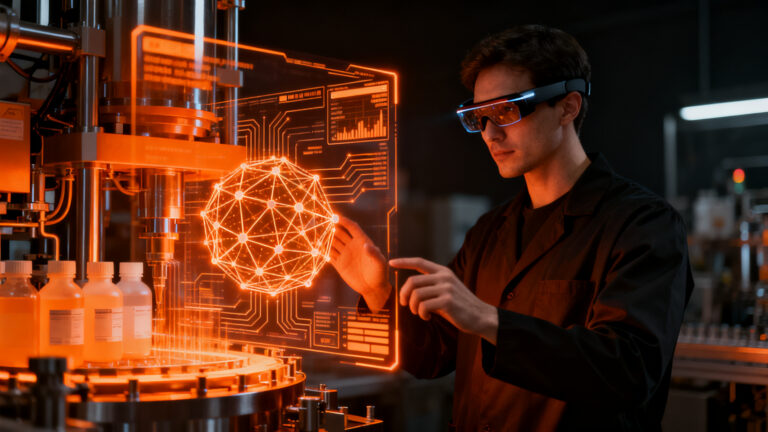 Especialista técnico utilizando realidad aumentada para la digitalización industrial en el sector farmacéutico.