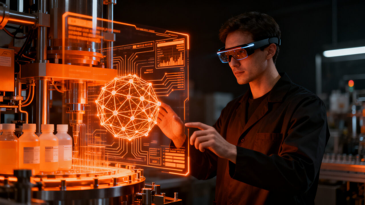 Especialista técnico utilizando realidad aumentada para la digitalización industrial en el sector farmacéutico.