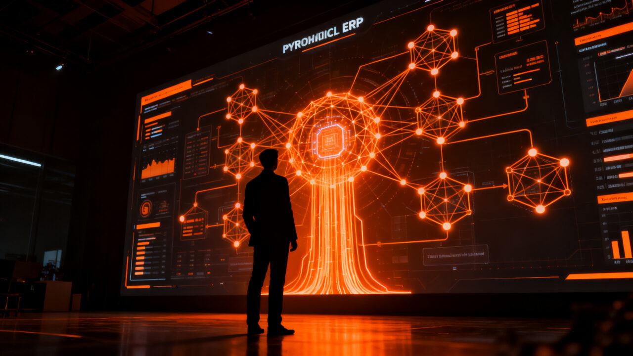 Ejecutivo analizando datos de IA y ERP en una oficina futurista, representando el reto de la productividad empresarial en Chile.