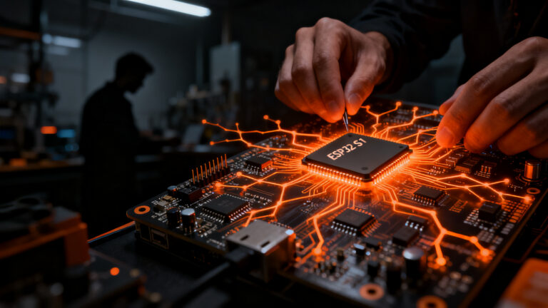 Ingeniero trabajando en entrenamiento de IA sobre microcontrolador ESP32-S3, representando el futuro de Edge AI en startups IoT.