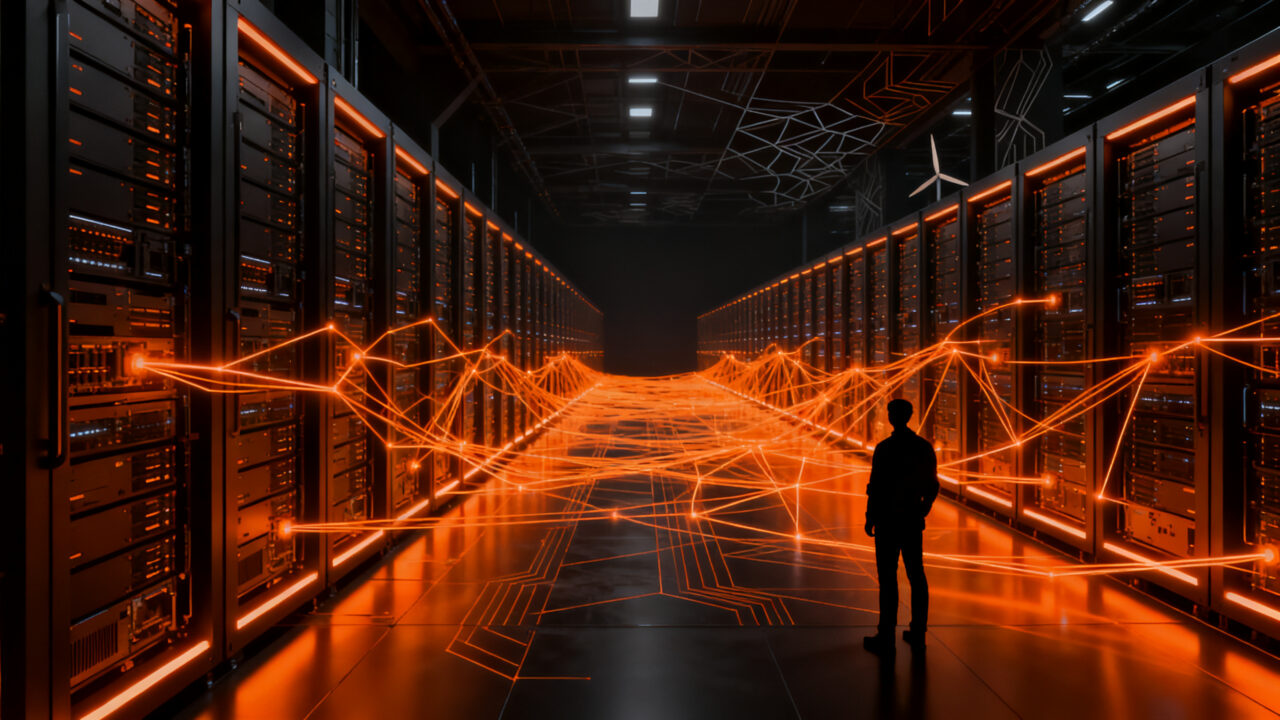 Centro de datos de IA masivo con infraestructura de computación de alto rendimiento y energía renovable.