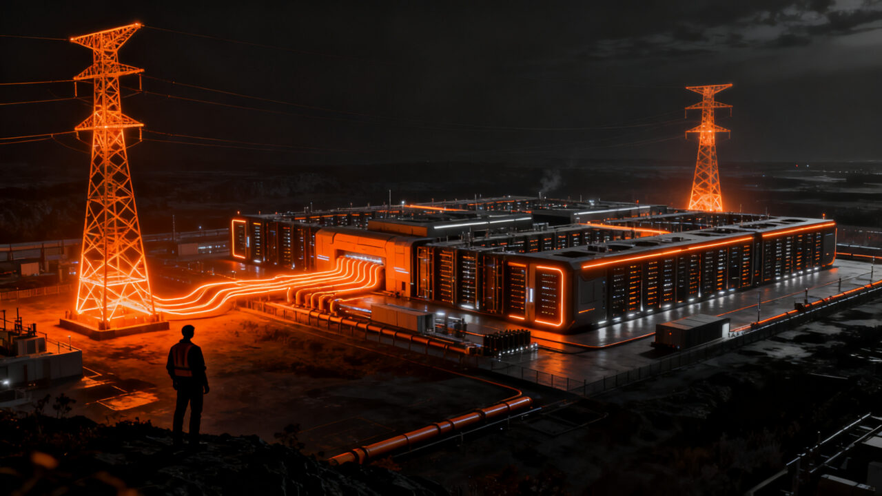 Data center de IA conectado a infraestructura energética aislada tras la exención de la EPA, representando la nueva era de la infraestructura tecnológica.