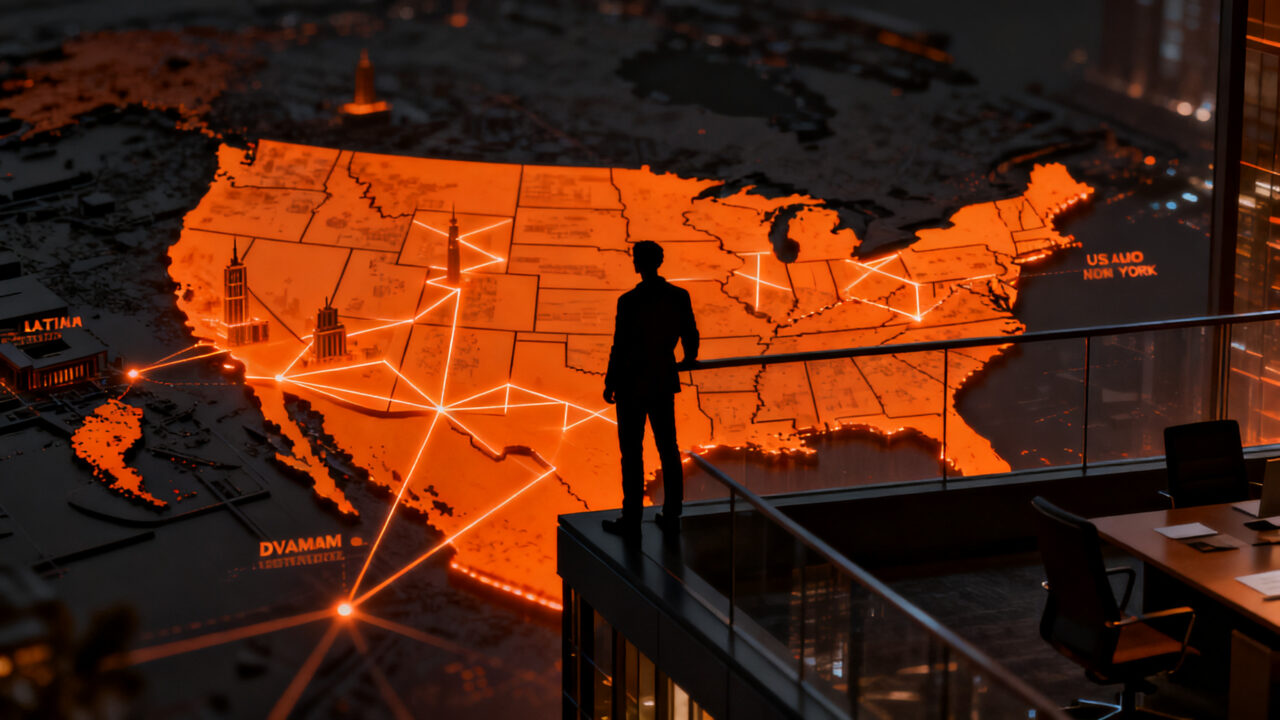 Emprendedor analizando una estrategia de expansión internacional hacia Estados Unidos, representando el crecimiento de startups latinas.