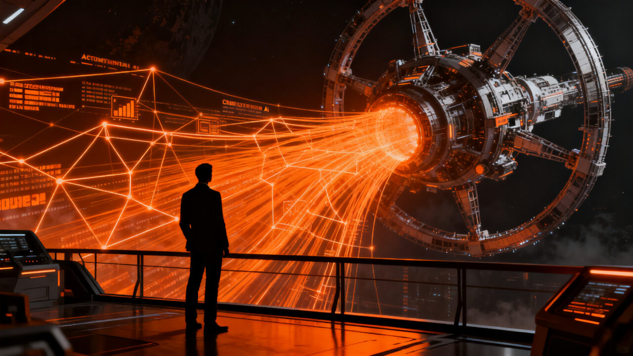 Estrategia de adquisición en IA, representando la visión de SpaceX y la integración de tecnologías avanzadas como Devin de Cognition AI.