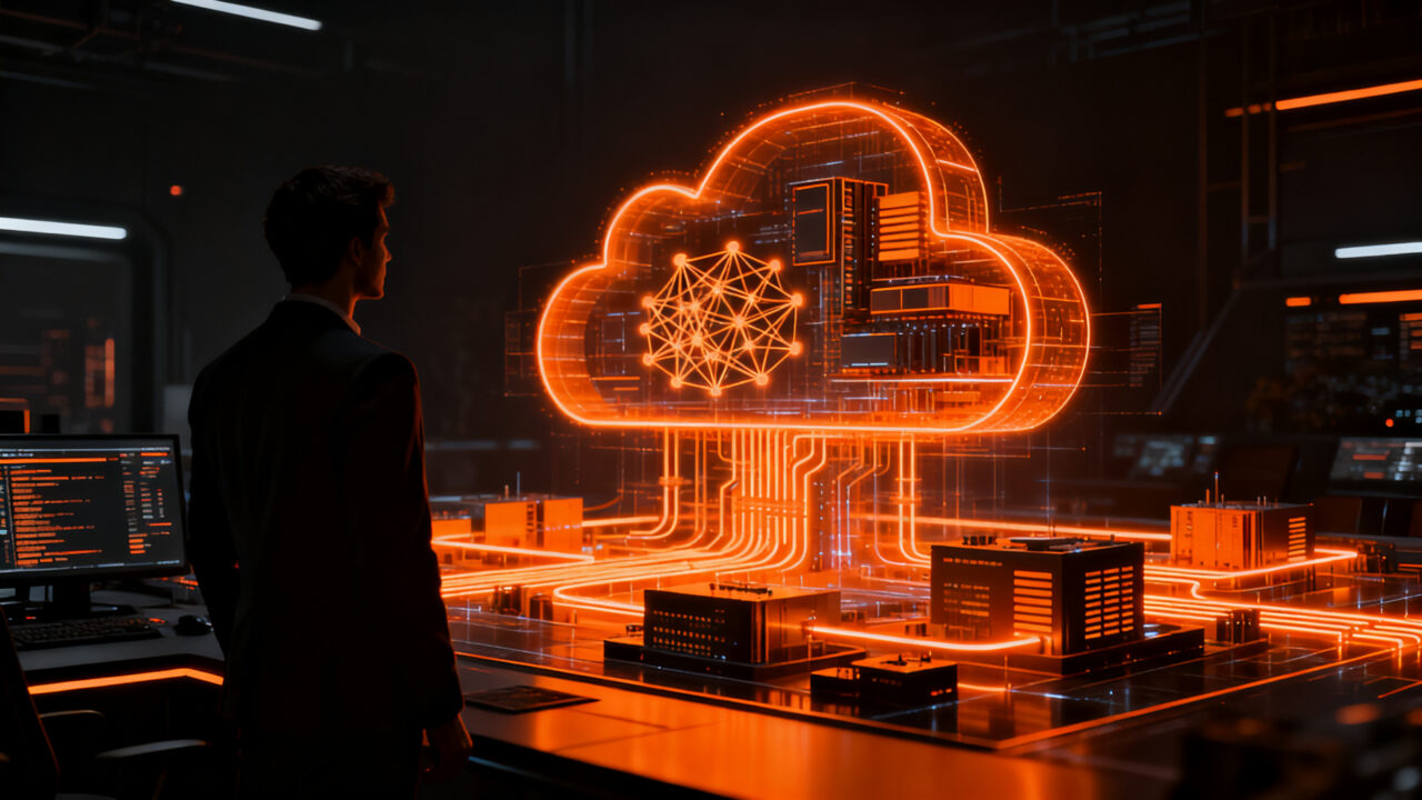 Líder tecnológico analizando infraestructura de nube híbrida e inteligencia artificial para estrategia empresarial.