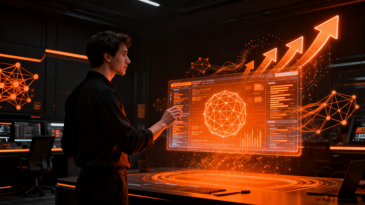 Estratega digital utilizando IA para optimizar campañas de Meta Ads en un entorno de marketing futurista.